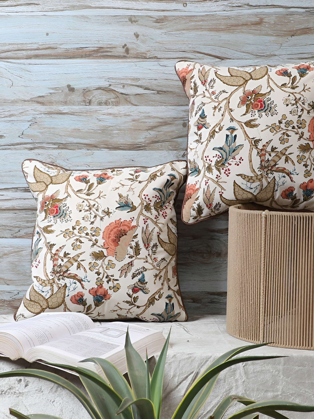 MFD HOME FURNISHING Beige & Orange 2 Pieces Floral Square Cushion Covers