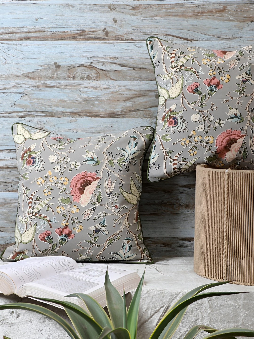 MFD HOME FURNISHING Light-Weight Grey Floral Cotton 2 Piece Square Cushion Covers -16x16In