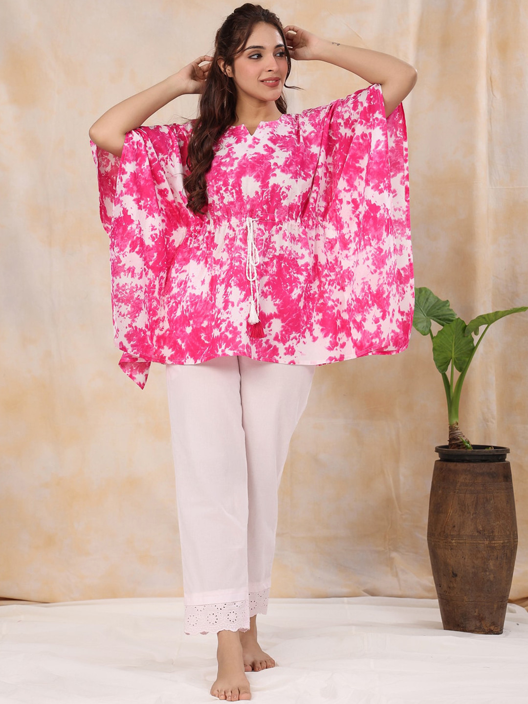 SANSKRUTIHOMES Tie & Dye Pure Cotton Kaftan Night suit