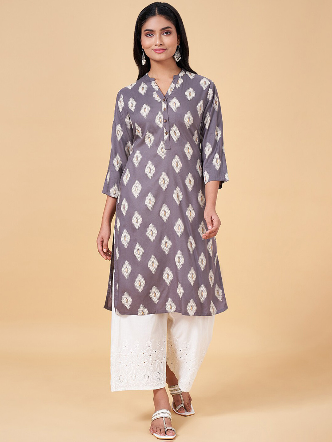 RANGMANCH BY PANTALOONS Ethnic Motifs Printed Band Collar Kurta