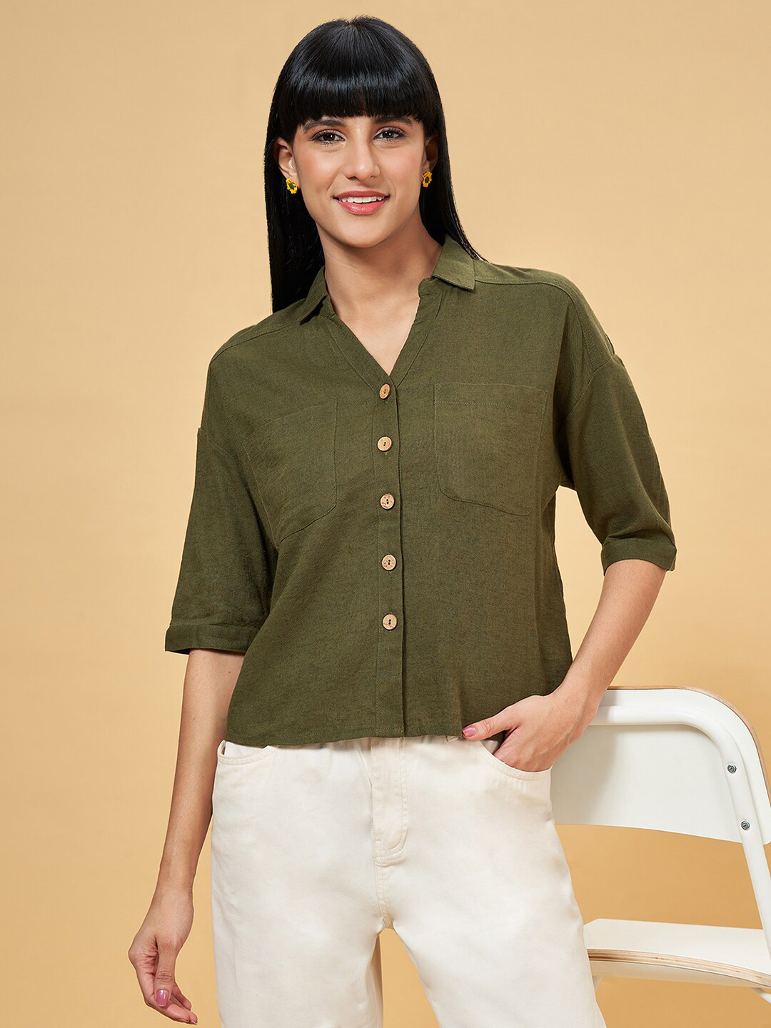 Honey by Pantaloons Slim Fit Spread Collar Cotton Casual Shirt