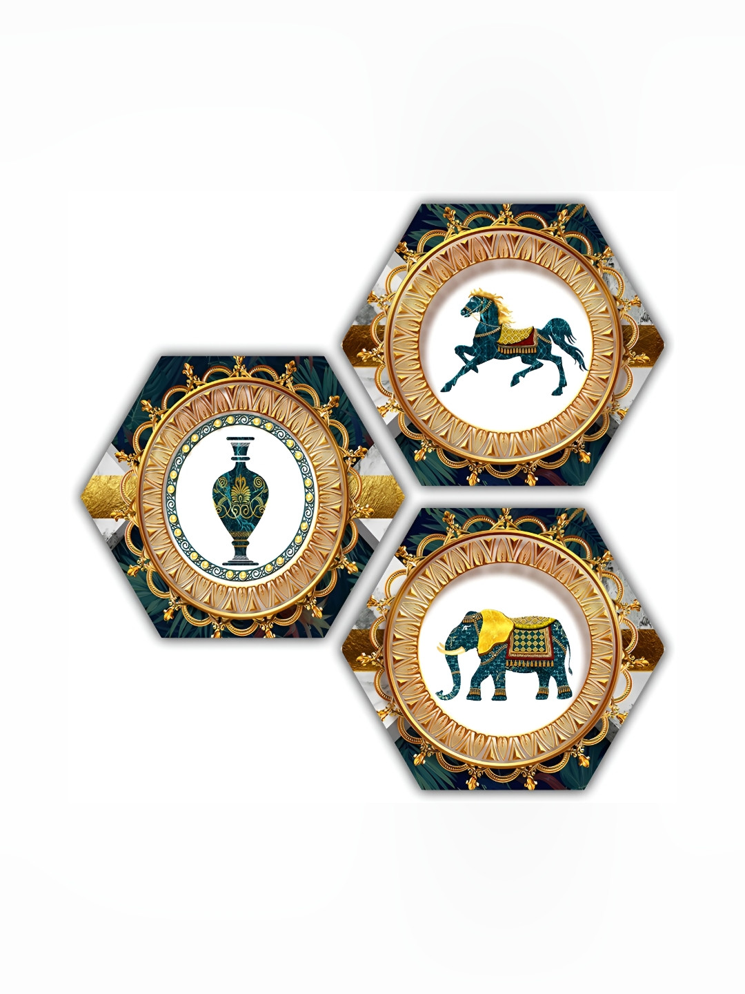 PnF Gold Toned & White 3 Pieces Birds And Animals Wall Arts