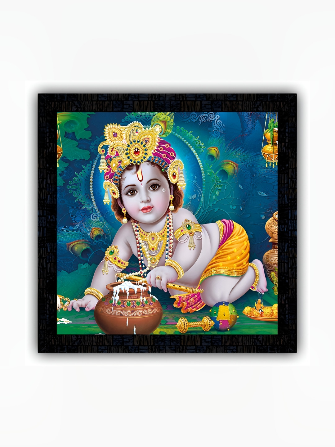 PnF Black & Blue Shri Krishna Religious Wooden Painting Wall Art