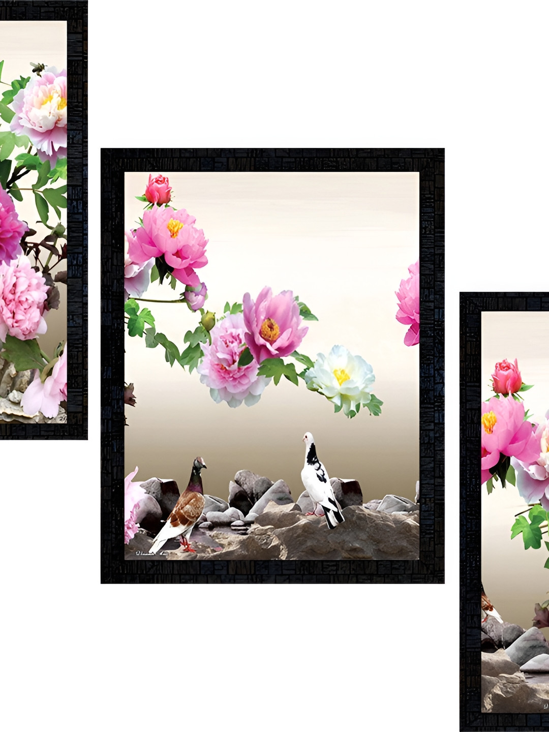 PnF Cream-Coloured & Pink 3 Piece Floral and Botanical Wall Photo Frame