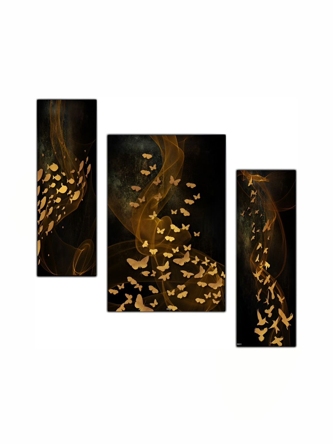 PnF Black & Gold-Toned 3 Pieces Wooden Birds and Animals Wall Arts