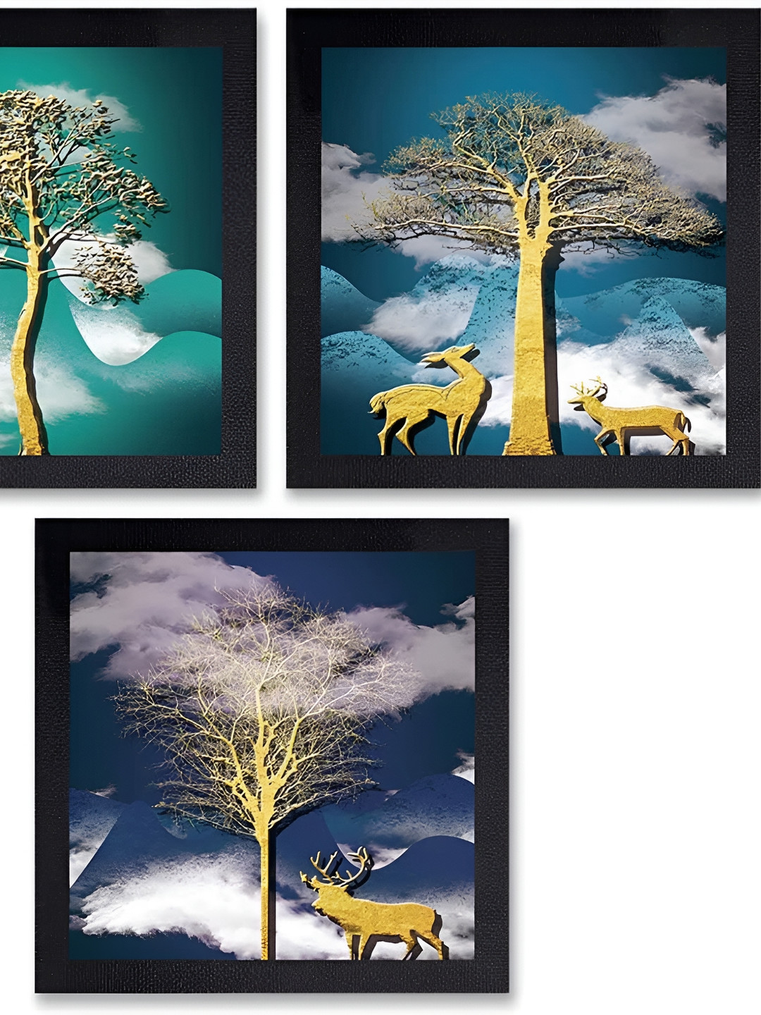 PnF Black & Gold-Toned 3 Piece Paper Birds and Animals Painting Wall Art