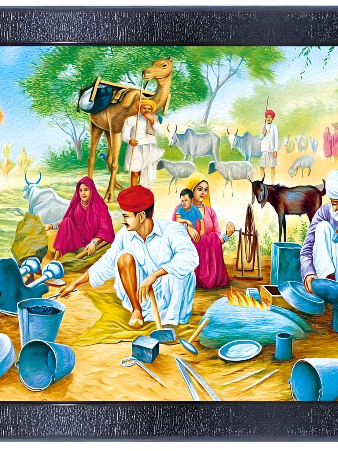 PnF Black & Green Village Life Wooden Painting Wall Art