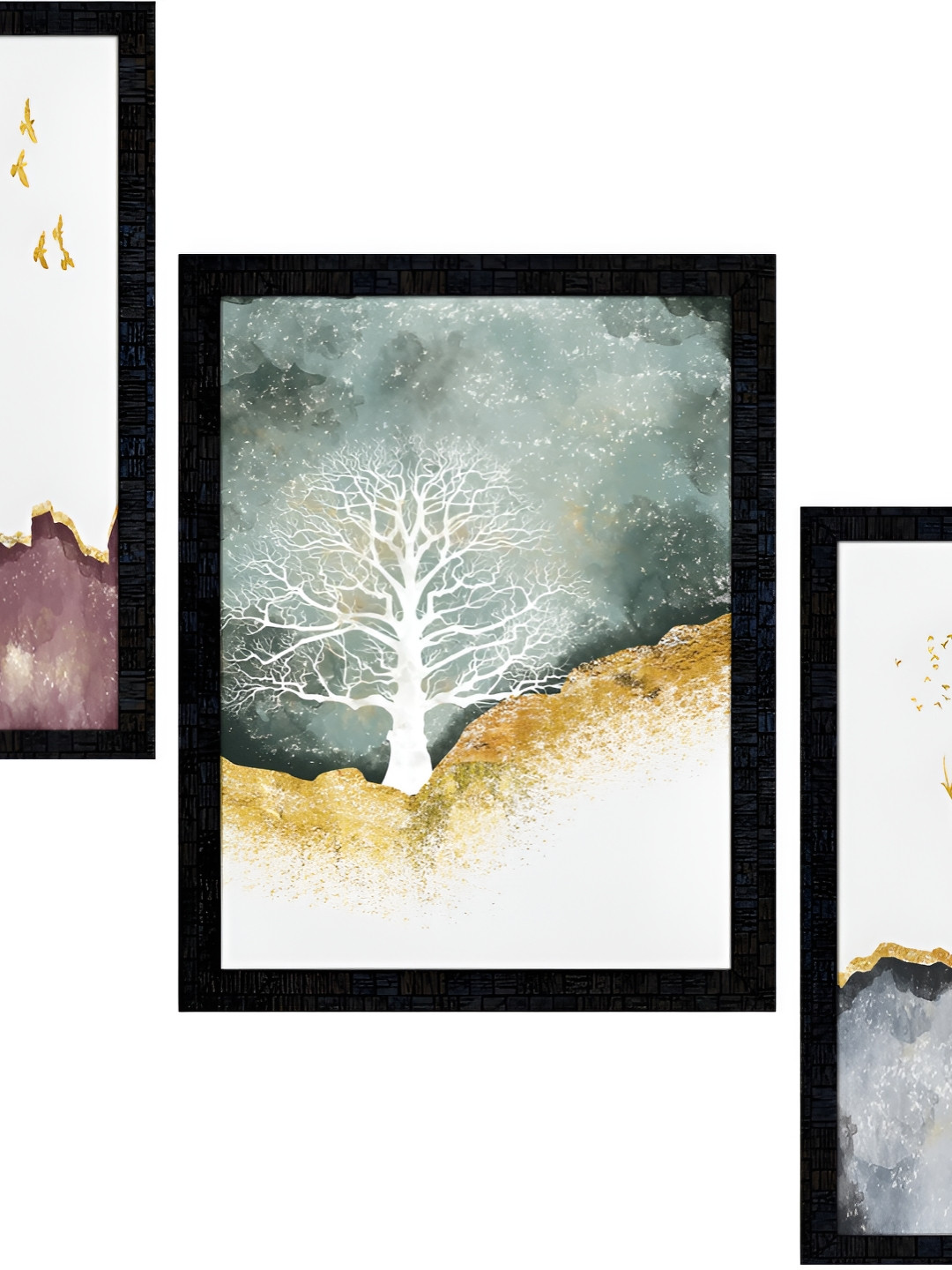 PnF Charcoal & White 3 Pieces Paper Birds and Animals Painting Wall Art