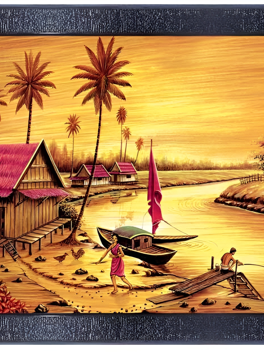 PnF Black & Orange  Wooden Floral and Botanical Wall Painting