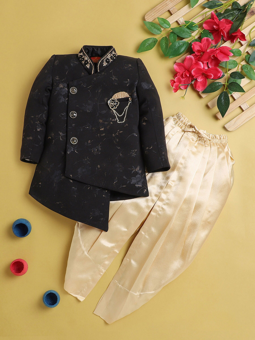 BAESD Boys Floral Printed Asymmetric Silk Cotton Straight Kurta with Dhoti Pants