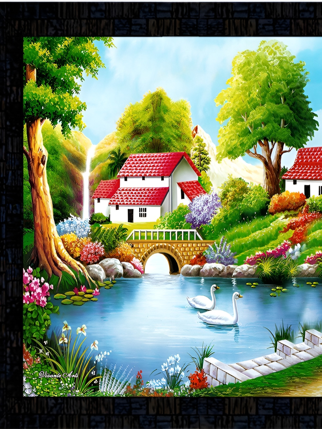 PnF Black & Green Wooden Village Painting Wall Art