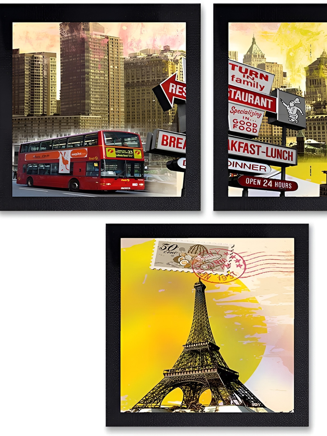 PnF Black & Yellow 3 Piece Digital Printing Wooden Wall Art