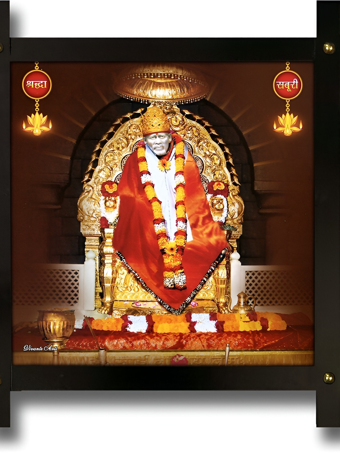 PnF Black & Red Lord Sai Baba Wooden Painting Wall Art