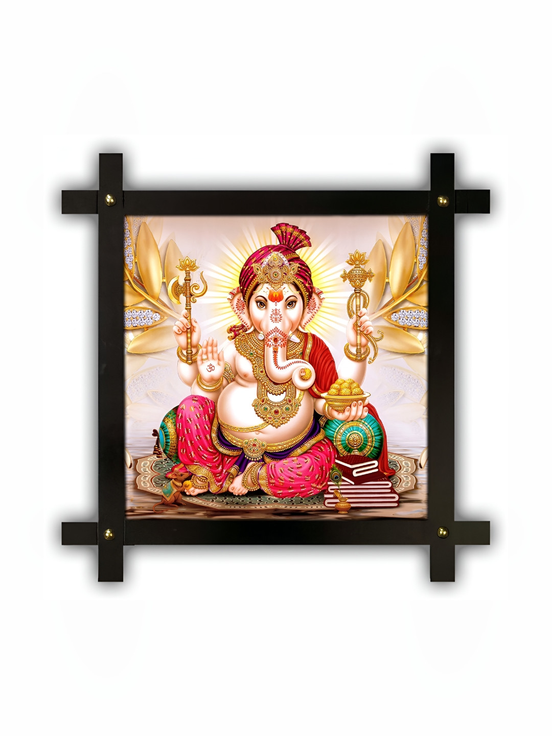 PnF Beige & Red Lord Ganesha Religious Wooden Painting Wall Art
