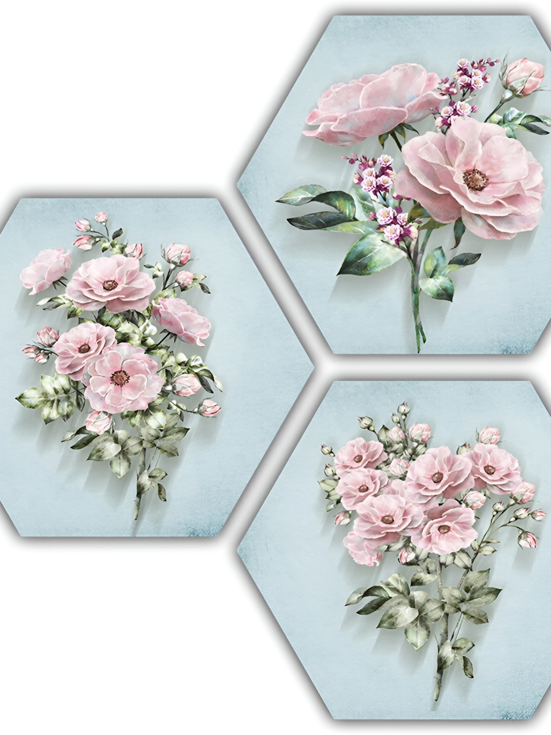 PnF Blue & Pink 3 Pieces Floral And Botanical Wall Arts