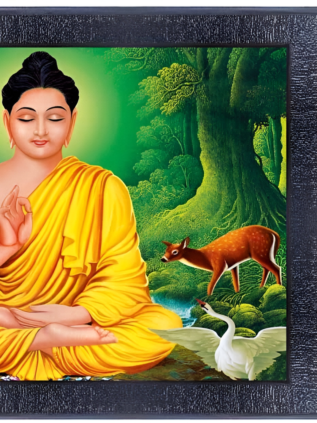 PnF Black & Green Buddha Religious Wooden Painting Wall Art