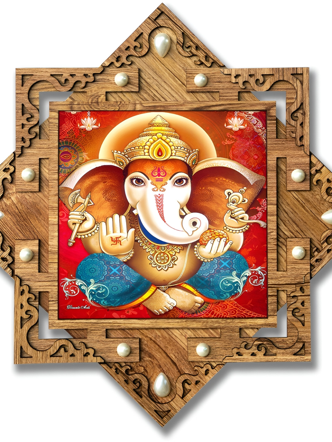 PnF Beige & Red Lord Ganesha Religious Wooden Painting Wall Art