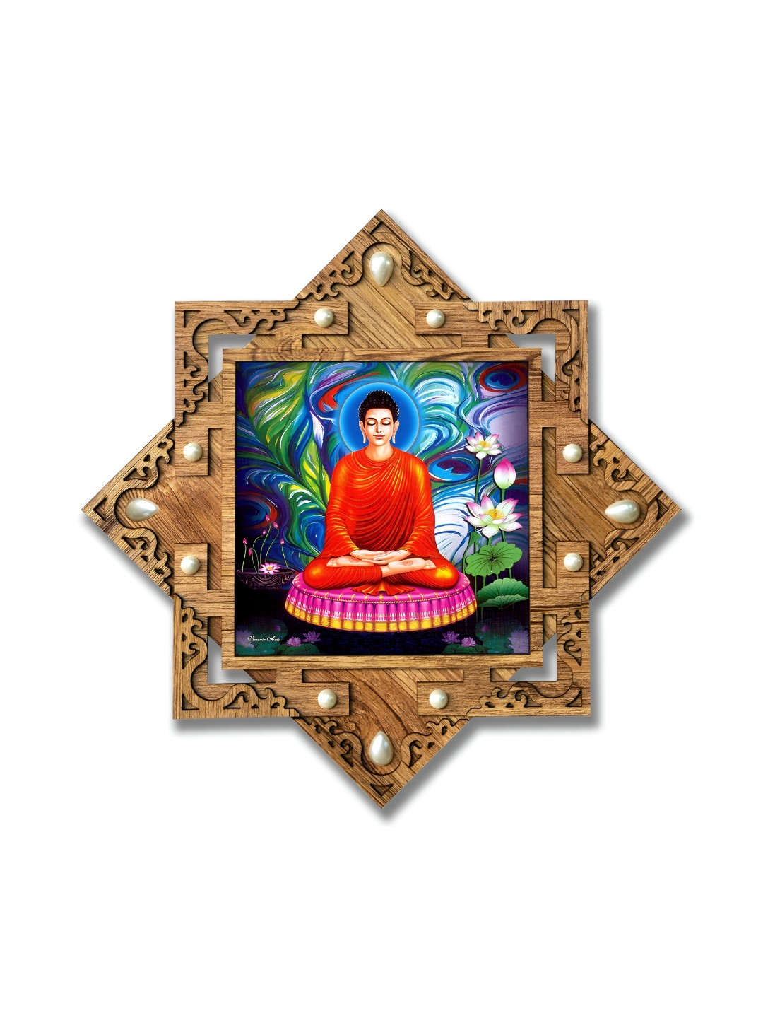 PnF Brown & Red Buddha Religious Wooden Painting Wall Art