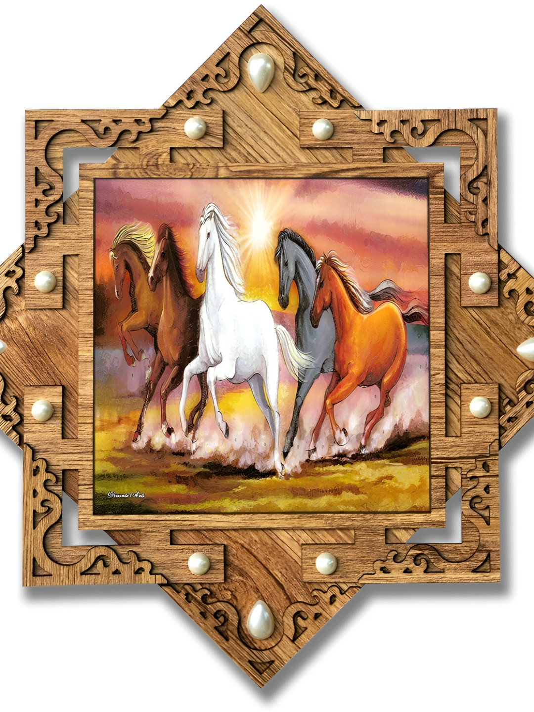 PnF Brown & White Running Horses Wooden Painting Wall Art