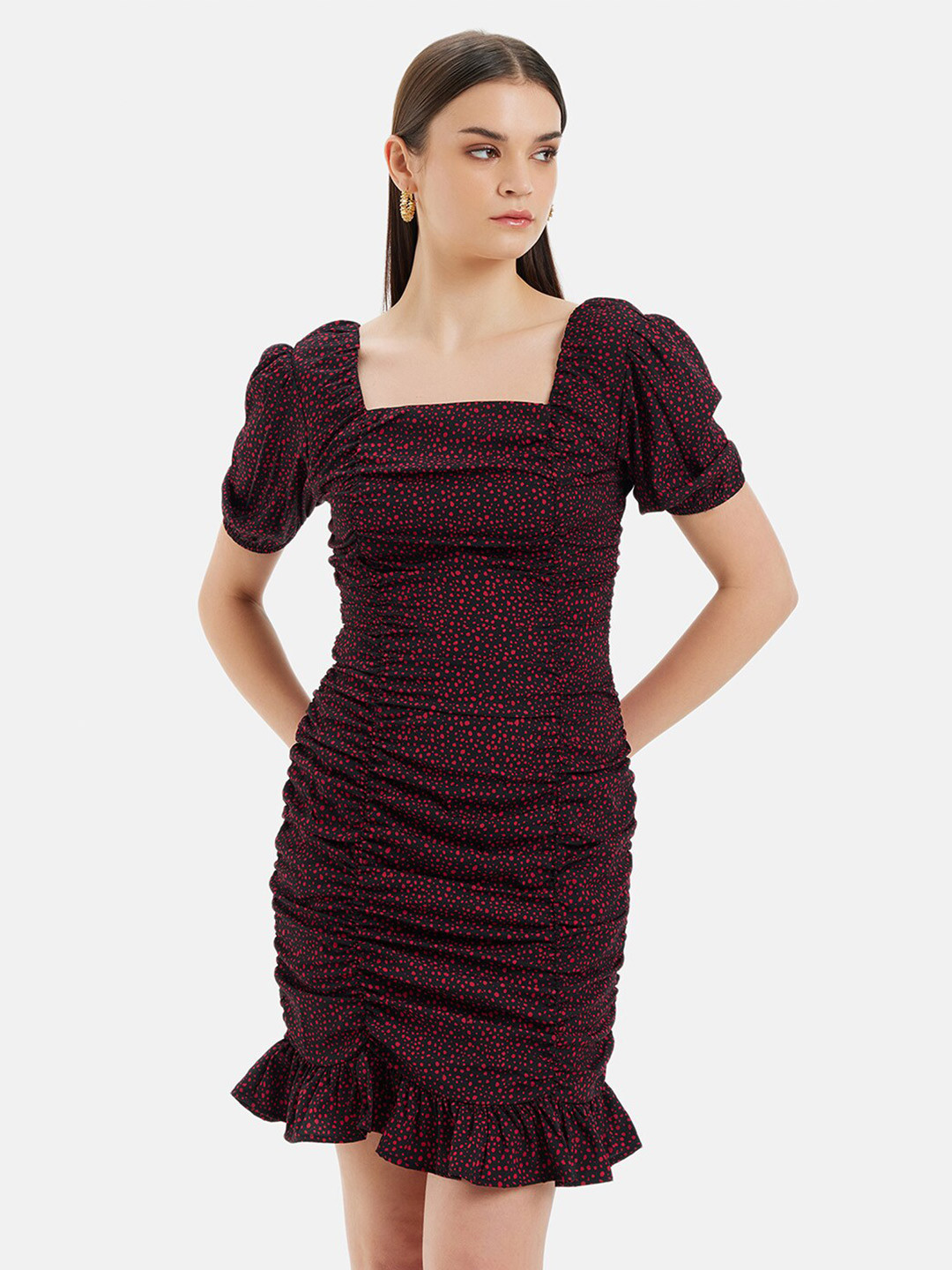 Kazo Puff Sleeve Ruched Printed Mini Crepe Sheath Dress