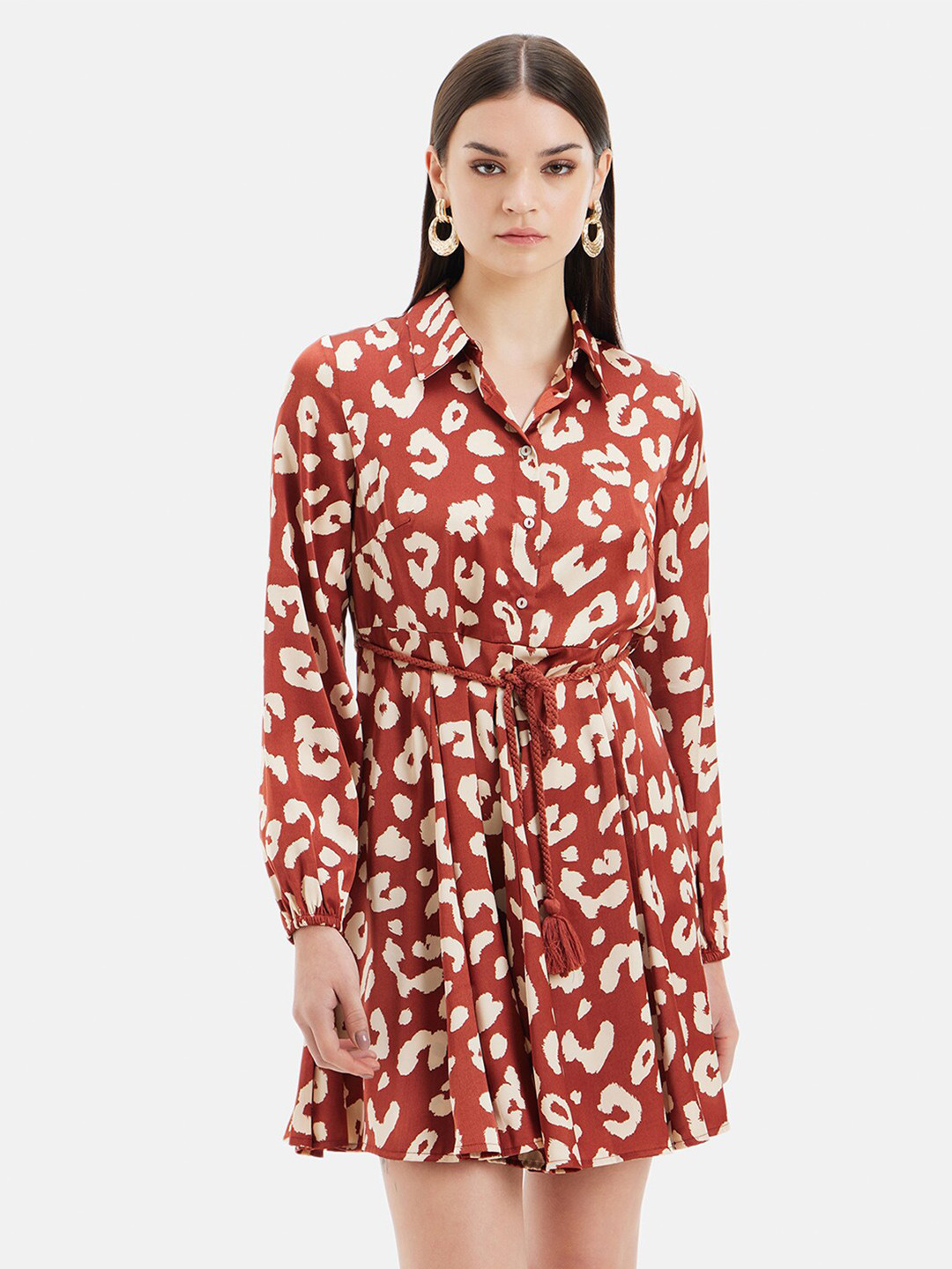 Kazo Shirt Collar Printed Satin Shirt Dress With Belt