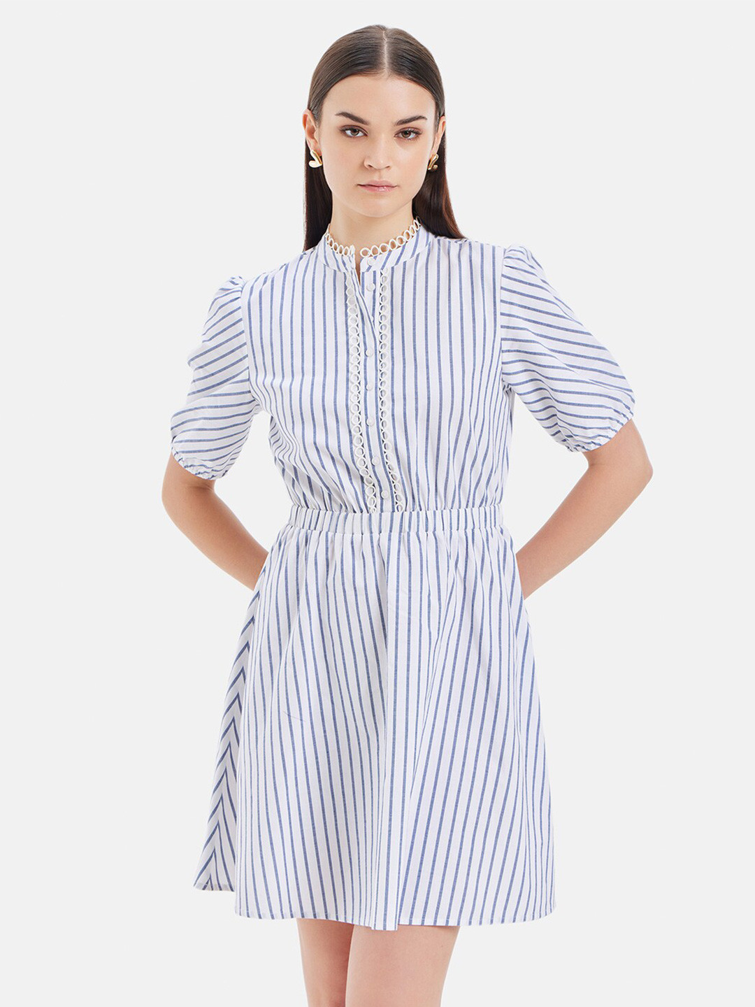 Kazo Striped Puff Sleeve Cotton Formal Fit & Flare Dress