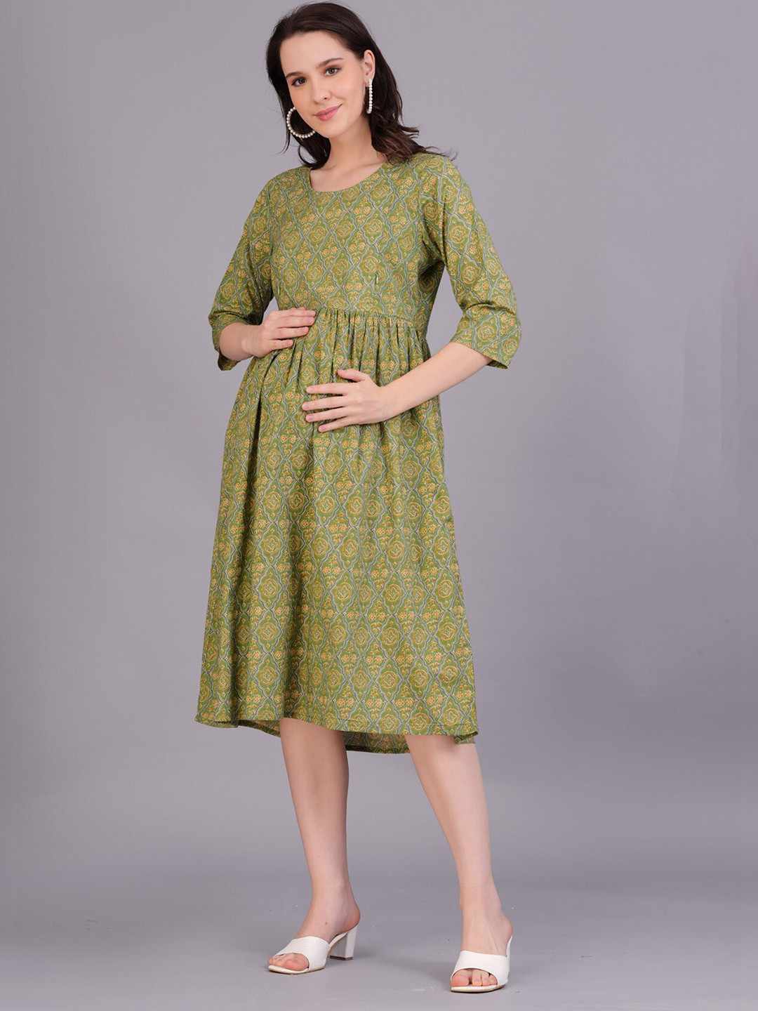 The Kurta Express Floral Print Cotton Maternity Fit and Flare Midi Dress