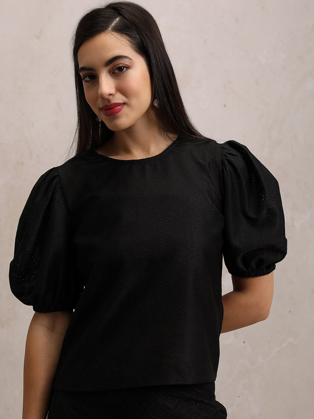 Tokyo Talkies Puff Sleeve Crochet Top