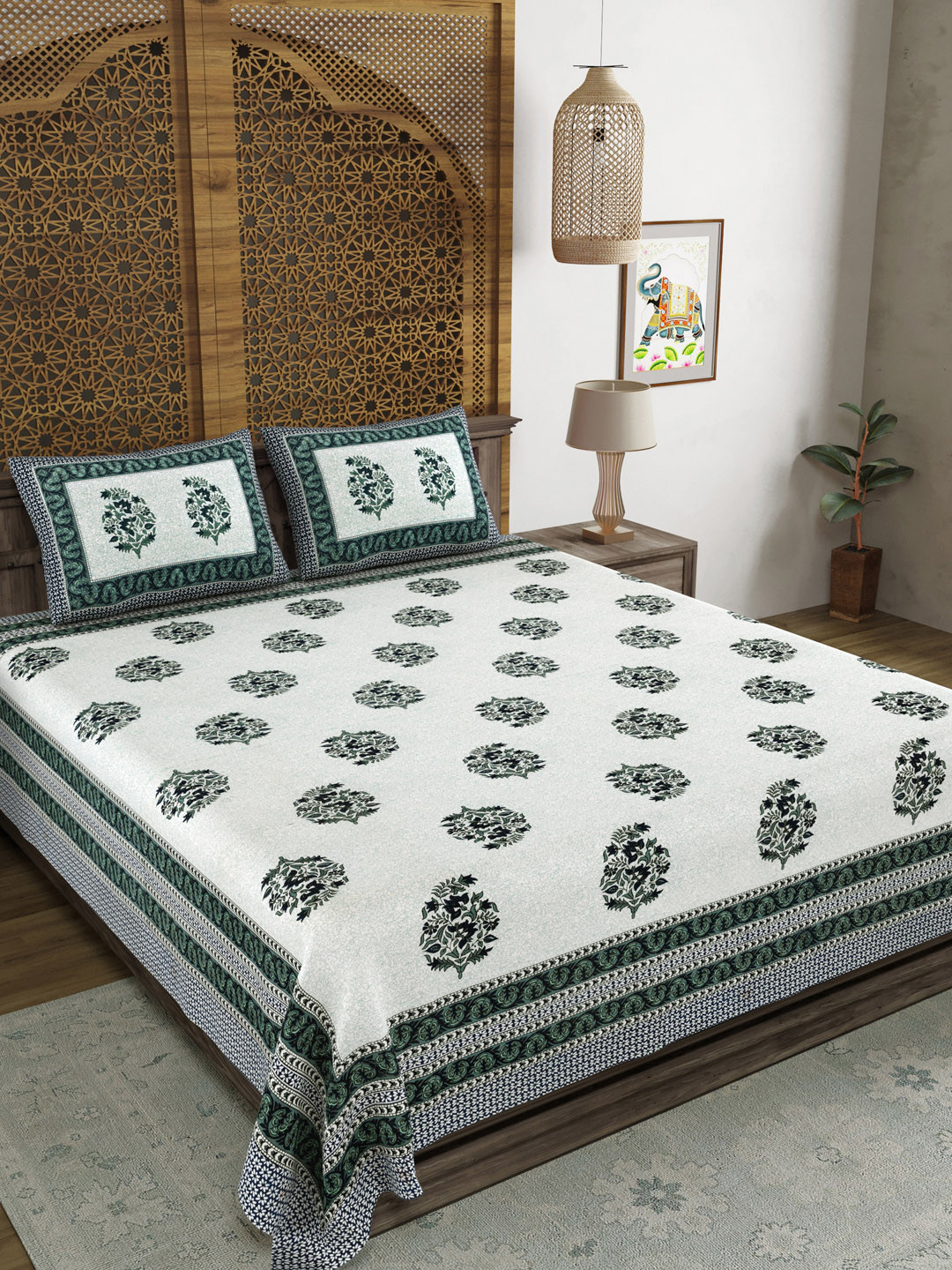 Sangria Design 33 Grey Ethnic Motifs Cotton 210 TC King Fine Bedsheet with 2 Pillow Covers-228 x 274 cm