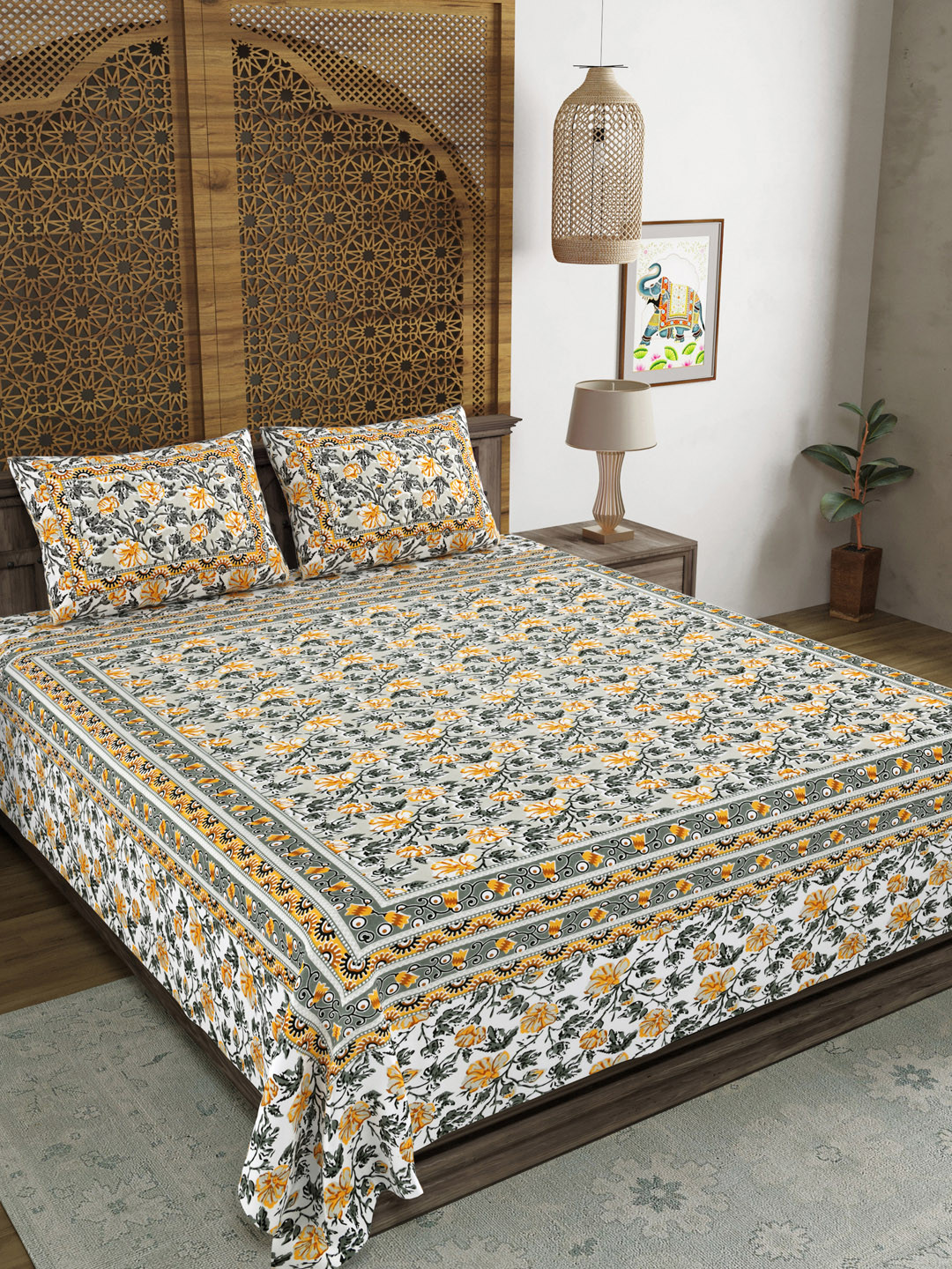 Sangria Arena Grey Floral Cotton 210 TC King Superfine Bedsheet with 2 Pillow Covers-228 x 274 cm