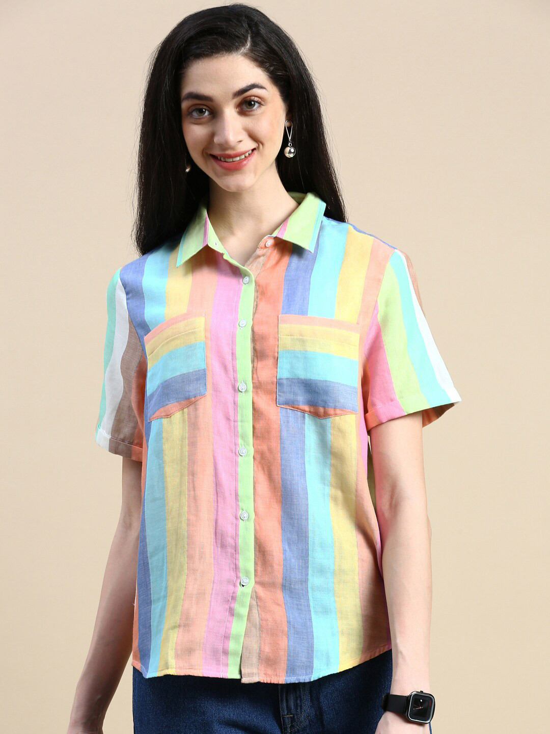 De Moza Women Multi Stripes Opaque Striped Casual Shirt