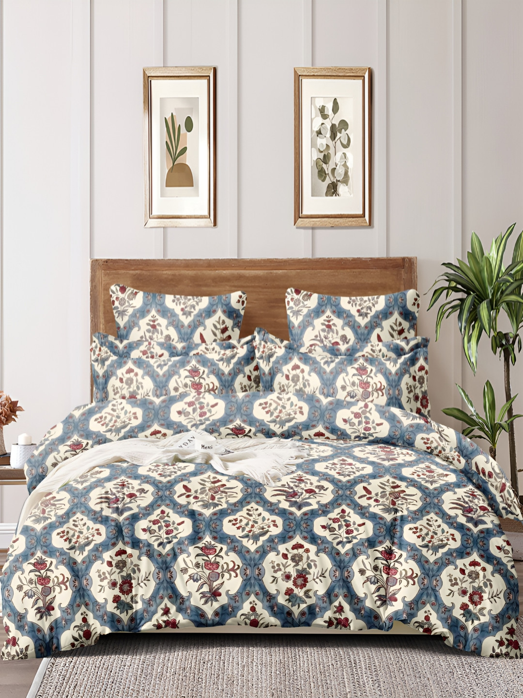 MORADO White & Blue Floral Printed Double Queen Duvet Cover
