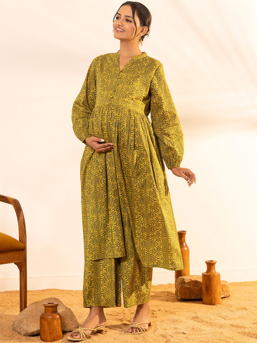 Janasya Women's Olive Pure Cotton Printed Gathered Maternity Kurta Set