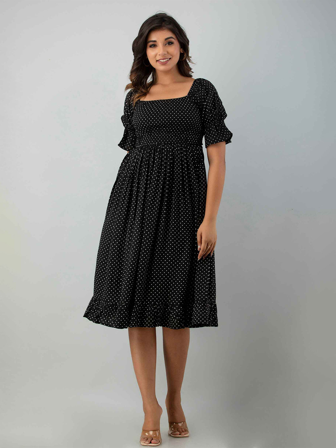 INDIANIC Polka Dot Printed Smocked Puff Sleeves Square Neck Fit & Flare Dress