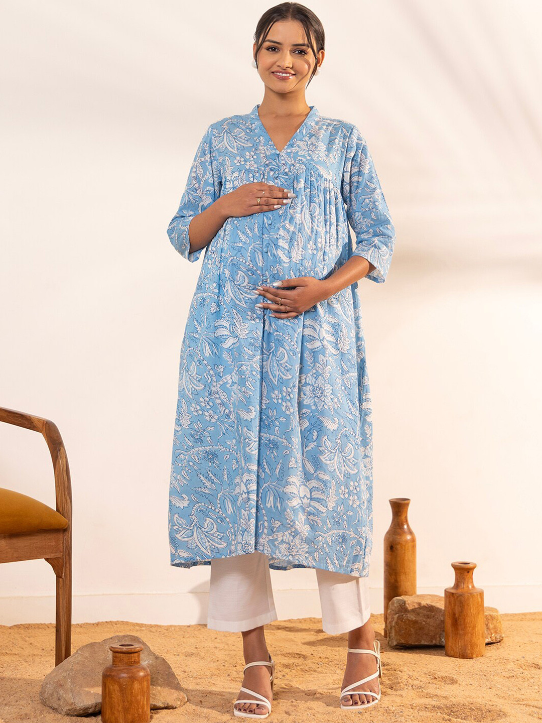 Janasya Women's Sky Blue Cotton Floral Printed A-Line Maternity Kurta