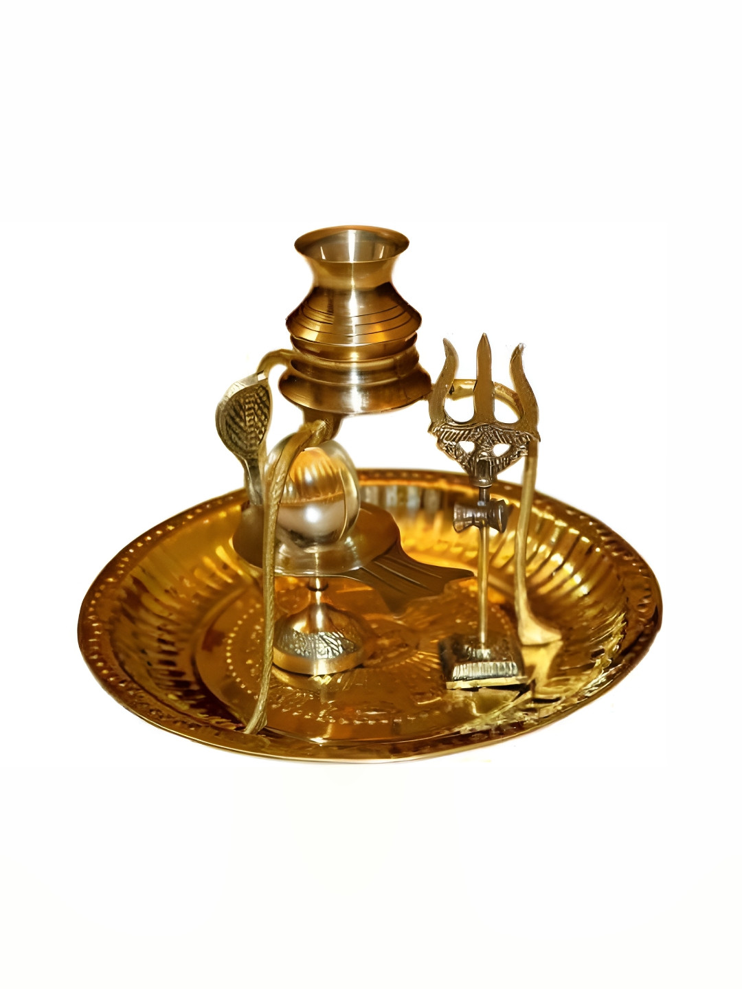 Navyaksh Pindi, Plate,Tipahee, Loti, Shivling and Trishul Gold Brass Metallic Living Room Set of 6 Small Showpieces -