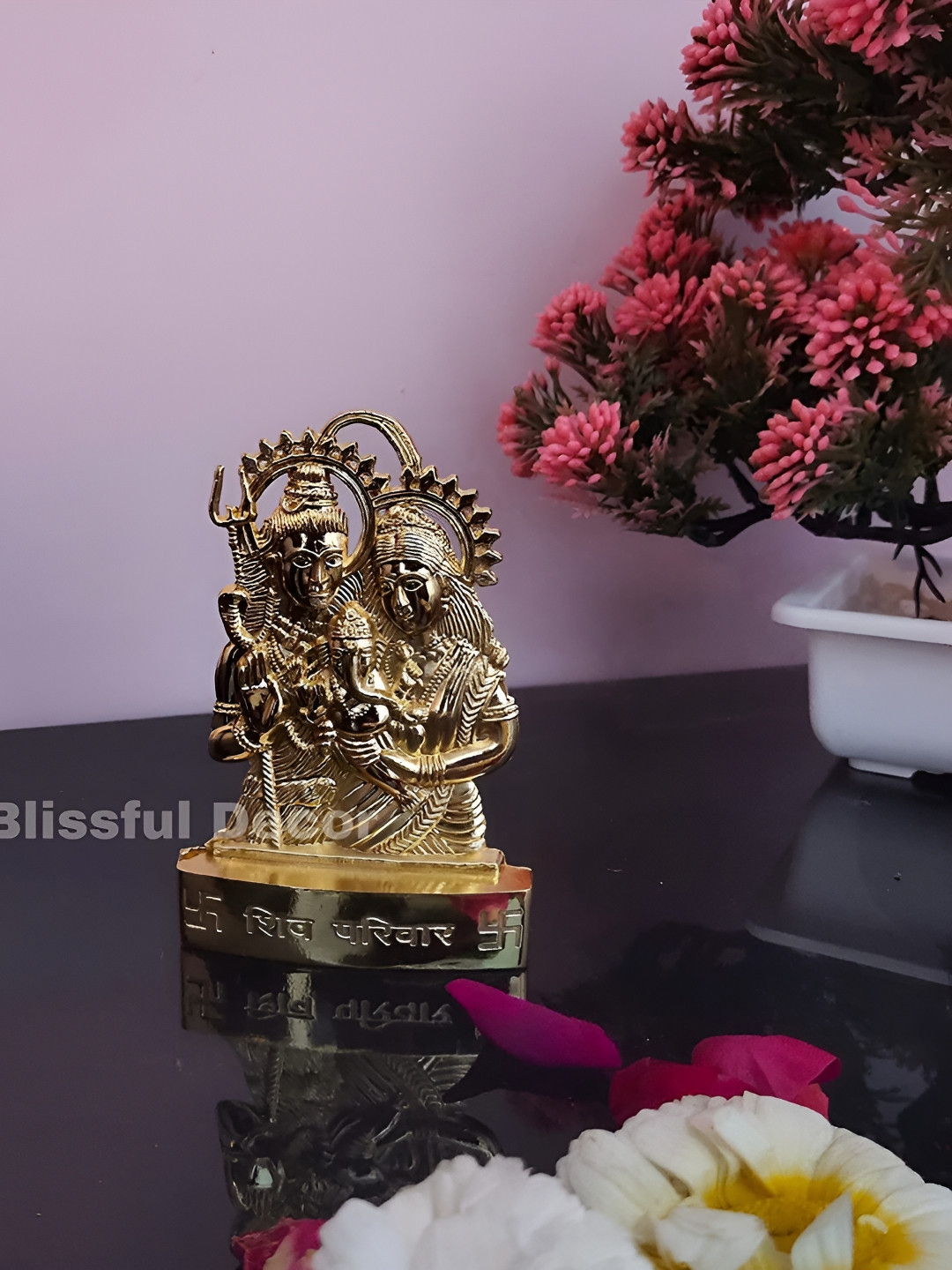 Navyaksh Shiv Pariwar Yellow Metal Metallic Prayer Room Small Showpiece - 4.7 Inches