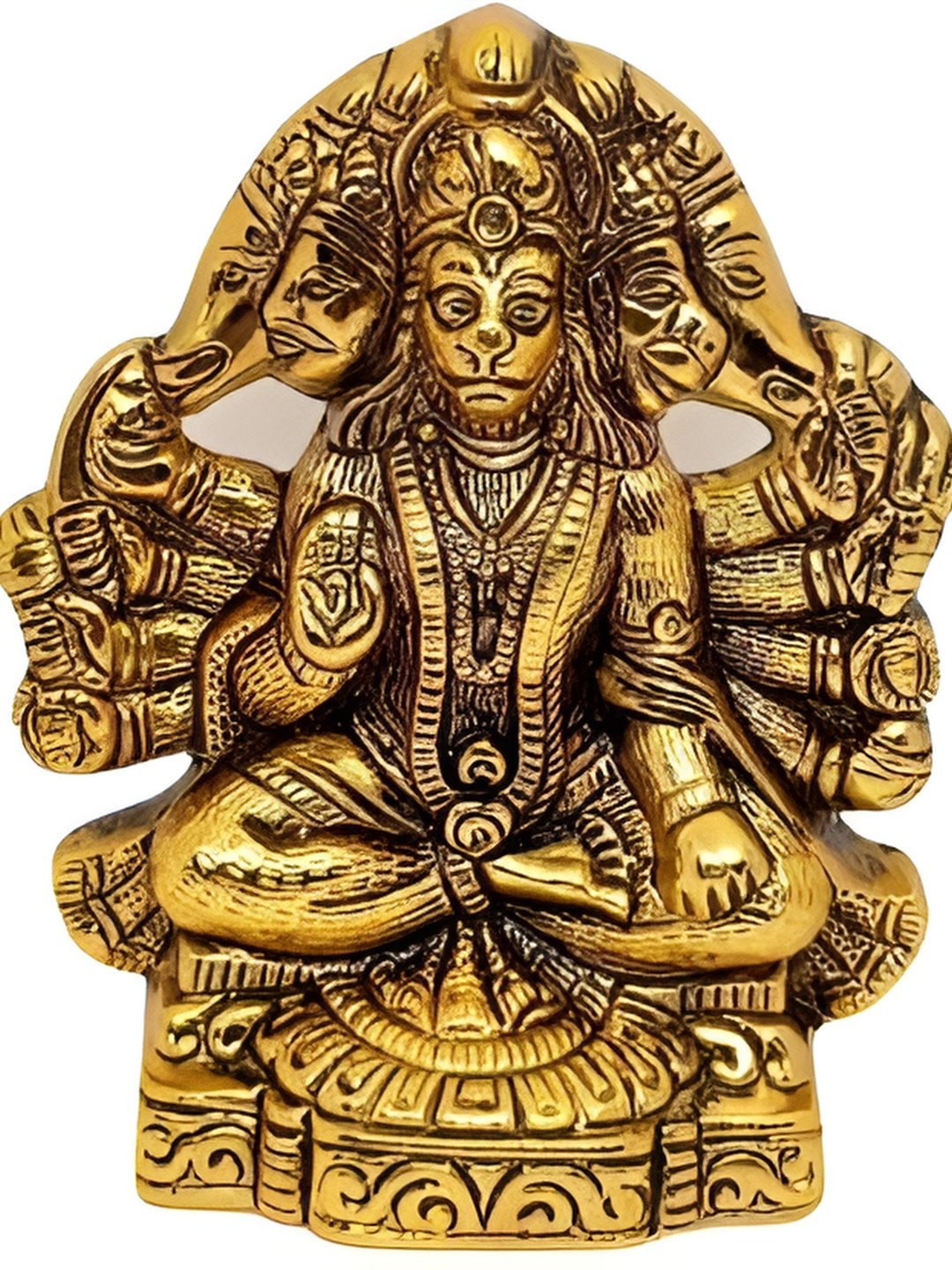 Navyaksh Panchmukhi Sitting Hanuman Gold Brass Metallic Prayer Room Small Showpiece -