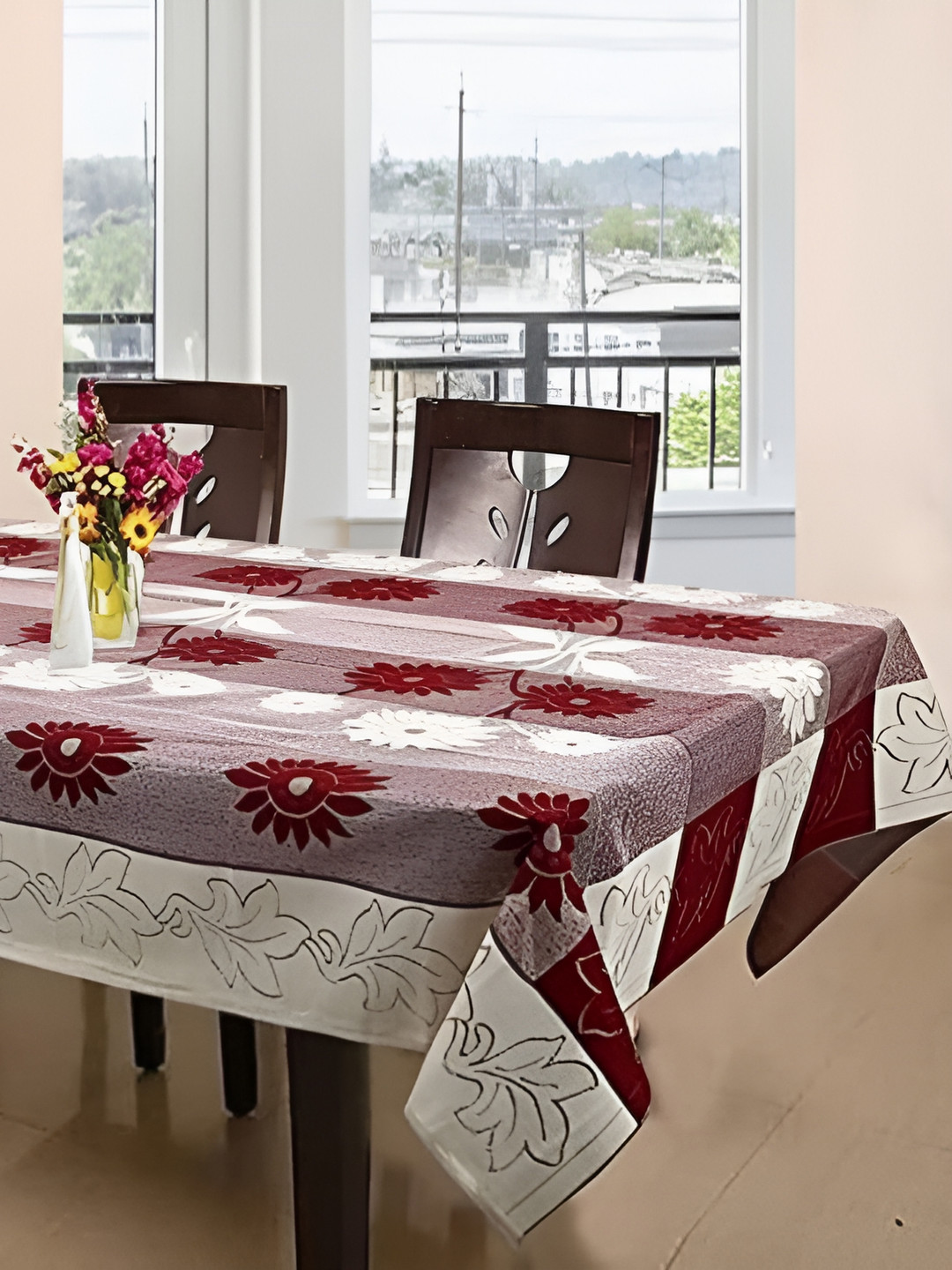 MONKDECOR Maroon Floral Cotton 6 Seater Rectangle Table Cover With Textured details