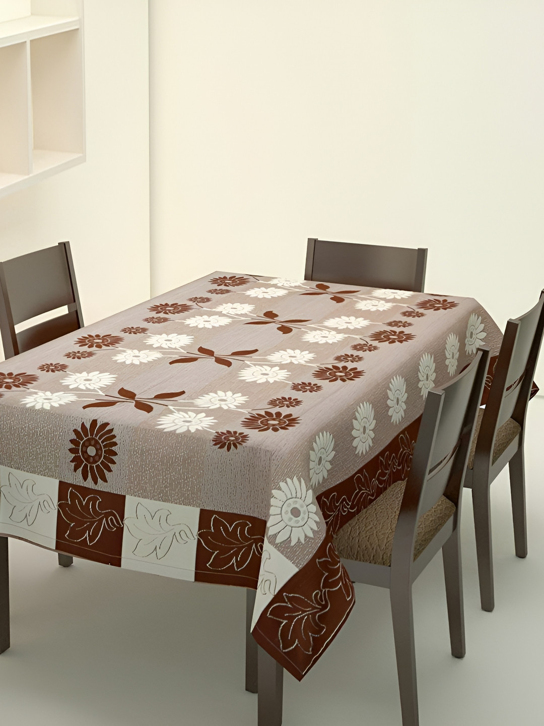 MONKDECOR Brown Floral Cotton 6 Seater Rectangle Table Cover With Textured details