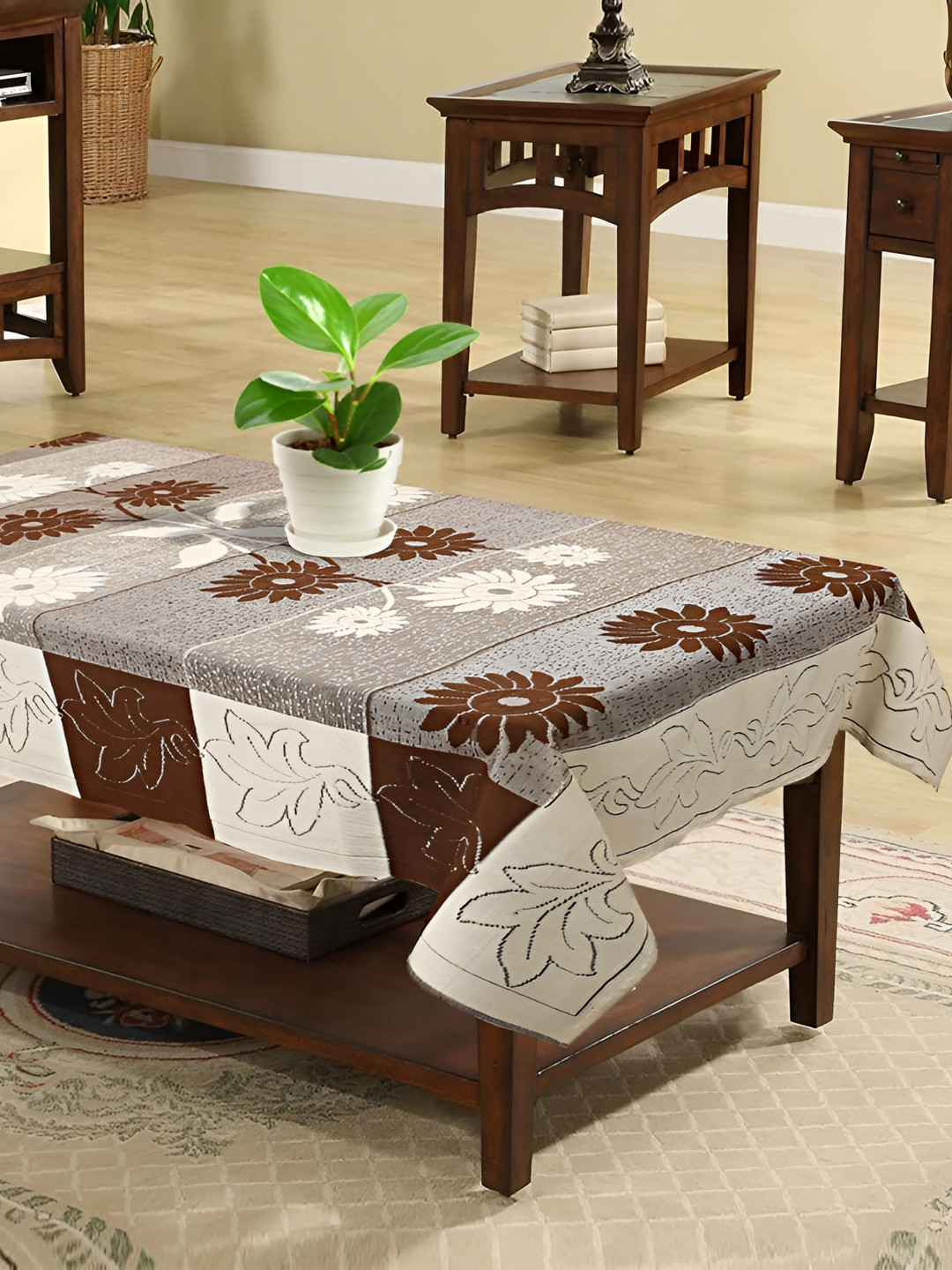 MONKDECOR Brown Floral 2 Seater Cotton Rectangle Table Cover With Textured Details