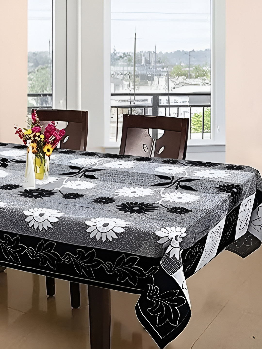 MONKDECOR Black Floral 6 Seater Cotton Table Cover With Textured details