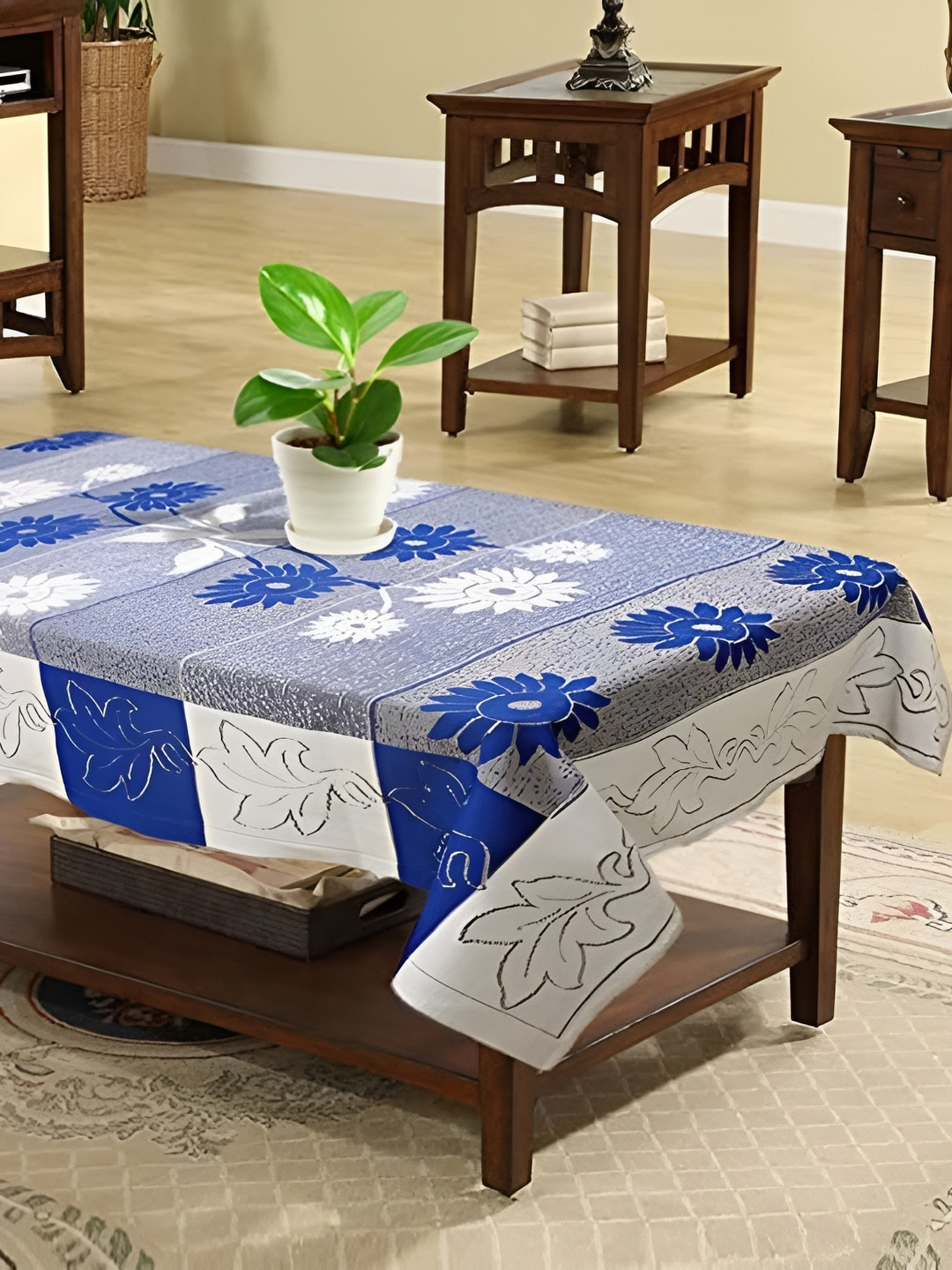 MONKDECOR Blue Floral 2 Seater Cotton Table Cover With Embroidered Details