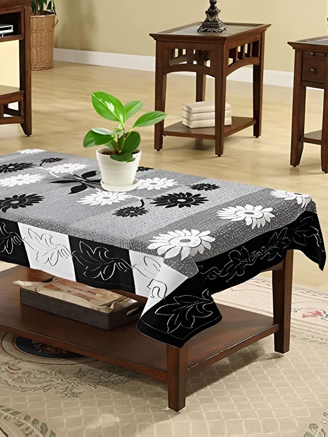 MONKDECOR Black Floral 2 Seater Cotton Table Cover with Textured Details