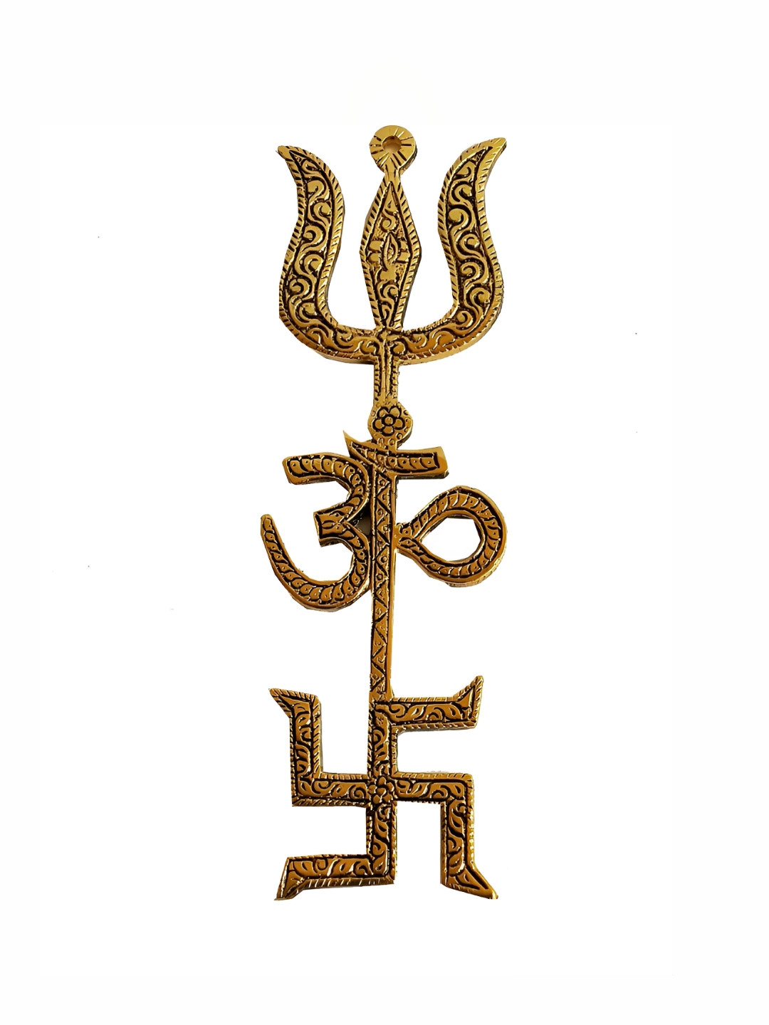 Navyaksh Om Trishul Swastik Gold Metal Metallic Prayer Room Small Showpiece - 8 Inches