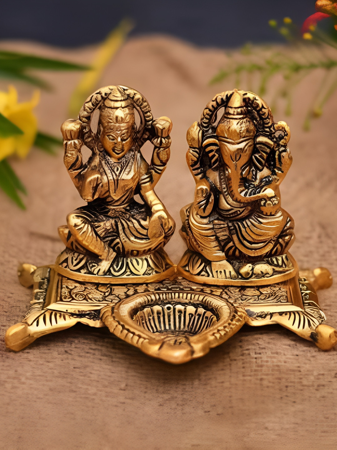 Navyaksh Laxmi Ganesh Diya Gold Metal Metallic Prayer Room Small Showpiece - 3.9 Inches