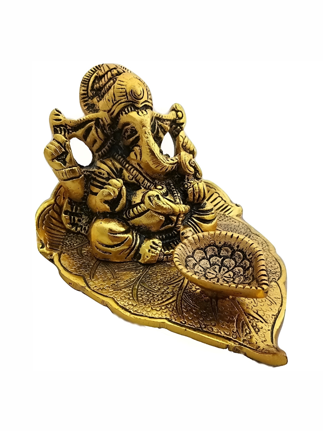 Navyaksh Ganesh Ji With Diya Gold Metal Metallic Prayer Room Small Showpiece -