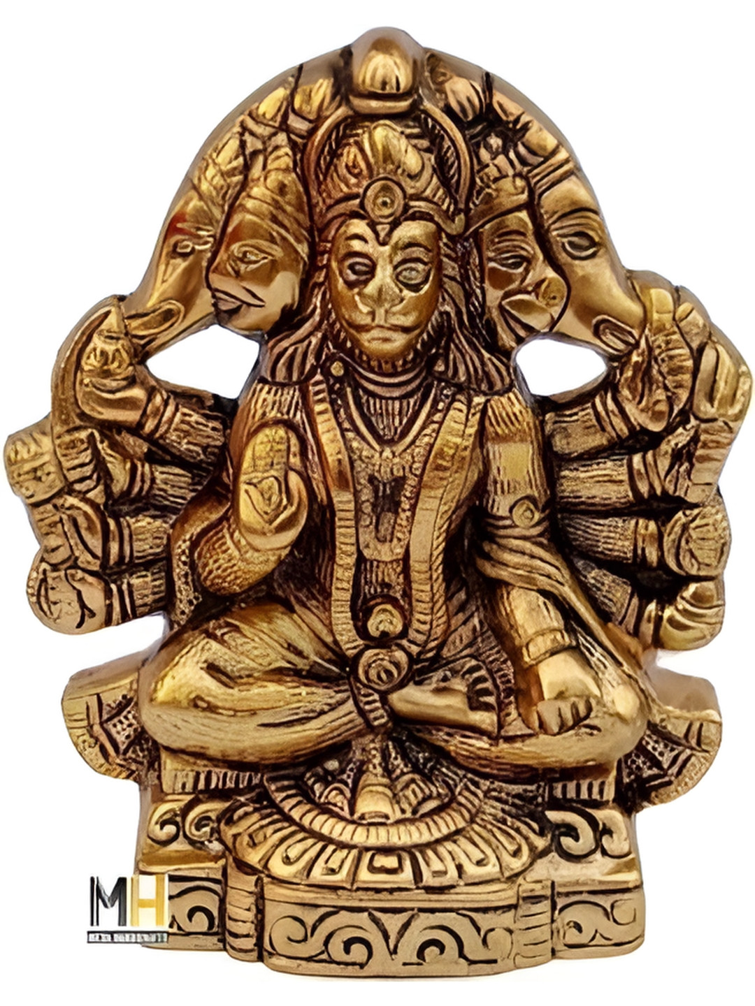 Navyaksh Panchmukhi Sitting Hanuman Gold Brass Metallic Living Room Small Showpiece -