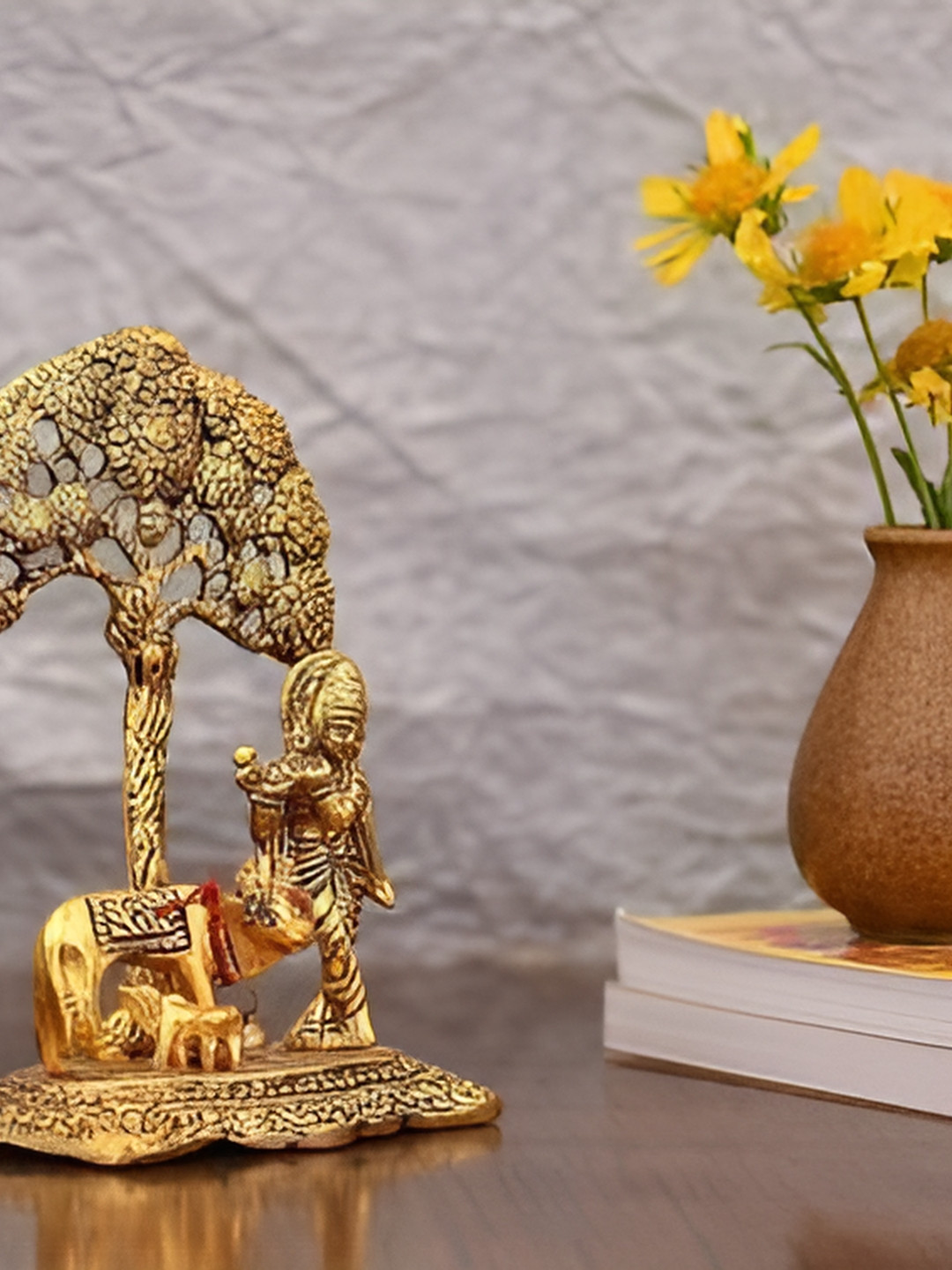 Navyaksh Krishna with Cow Under Tree Gold Metal Metallic Prayer Room Small Showpiece - 6.7 Inches