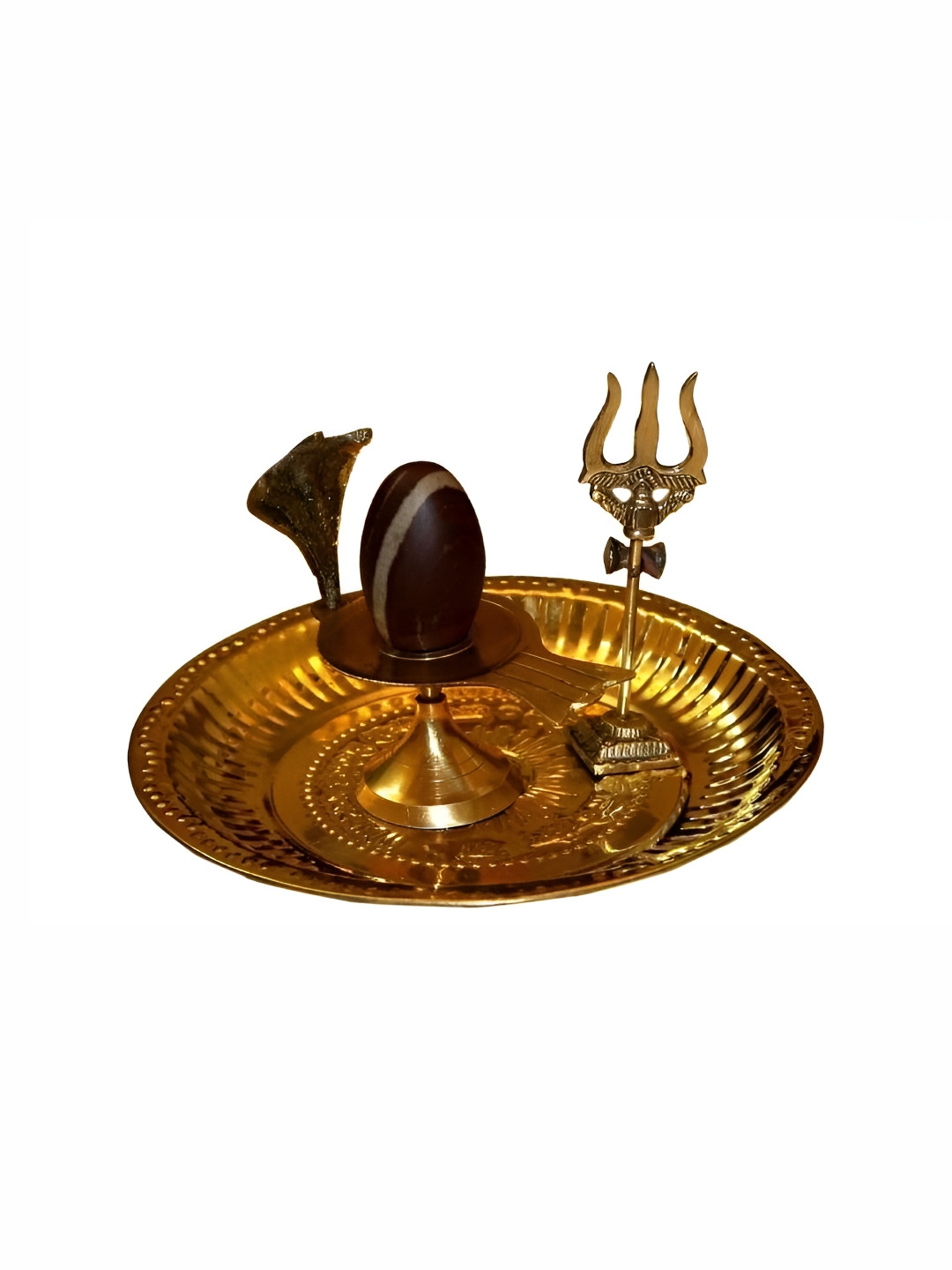 Navyaksh Plate Brown Pathar Trishul Gold Brass Metallic Prayer Room Set of 4 Tiny Showpieces -